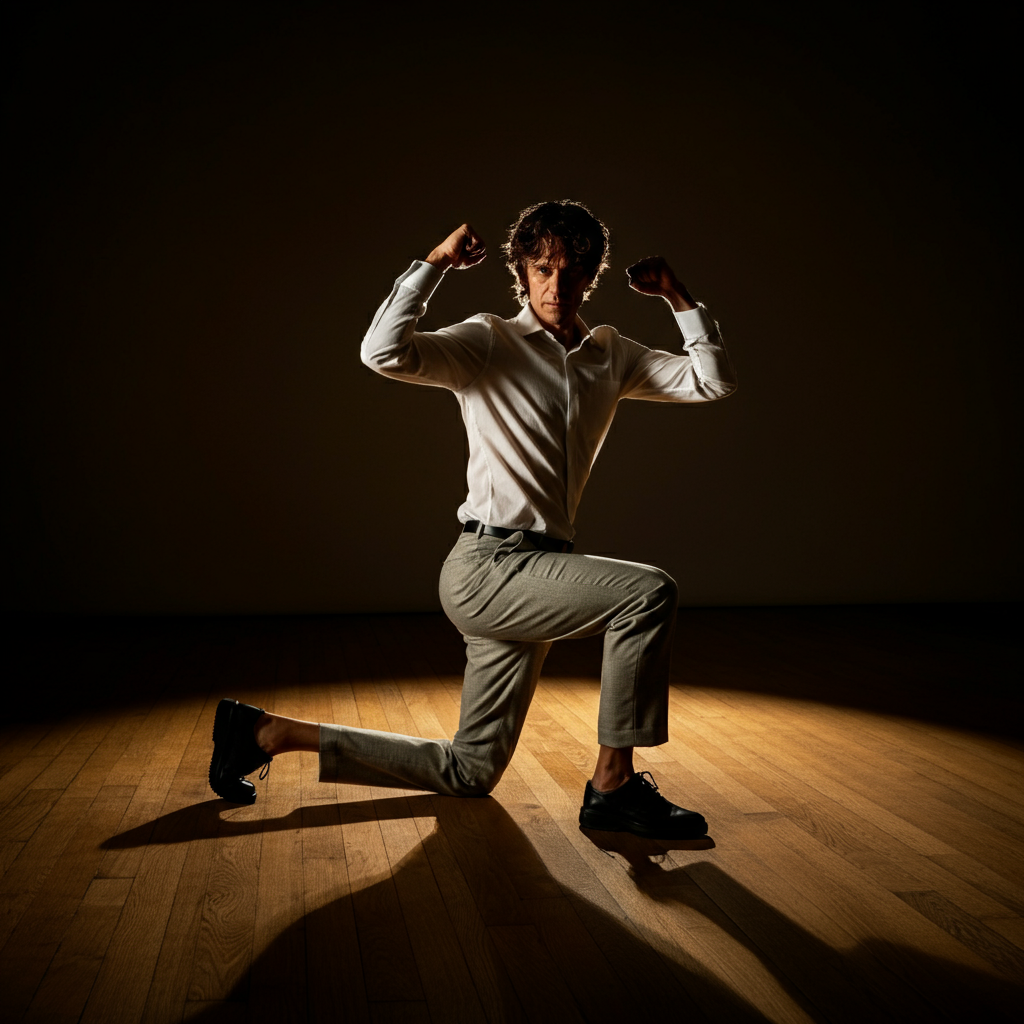 A person lunging with one knee bent and arms raised in fists. The focus is on the dynamic movement of the pose, captured in a single, sharp image. Golden hour lighting casts long shadows on a wooden floor.