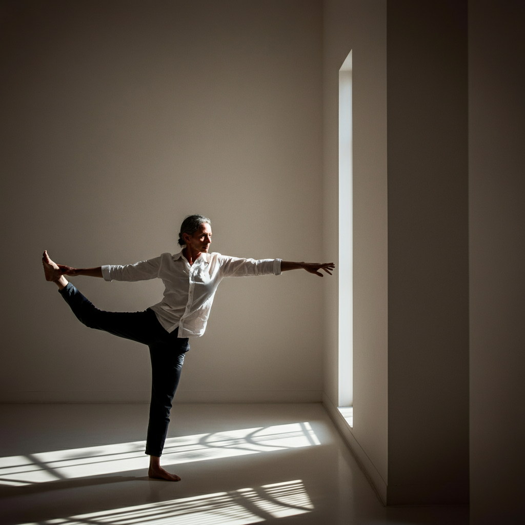 A person balancing on one foot with arms extended to the sides. The shot is taken from a low angle, emphasizing the height and stability of the pose. Natural light streams in from a nearby window, creating soft shadows.