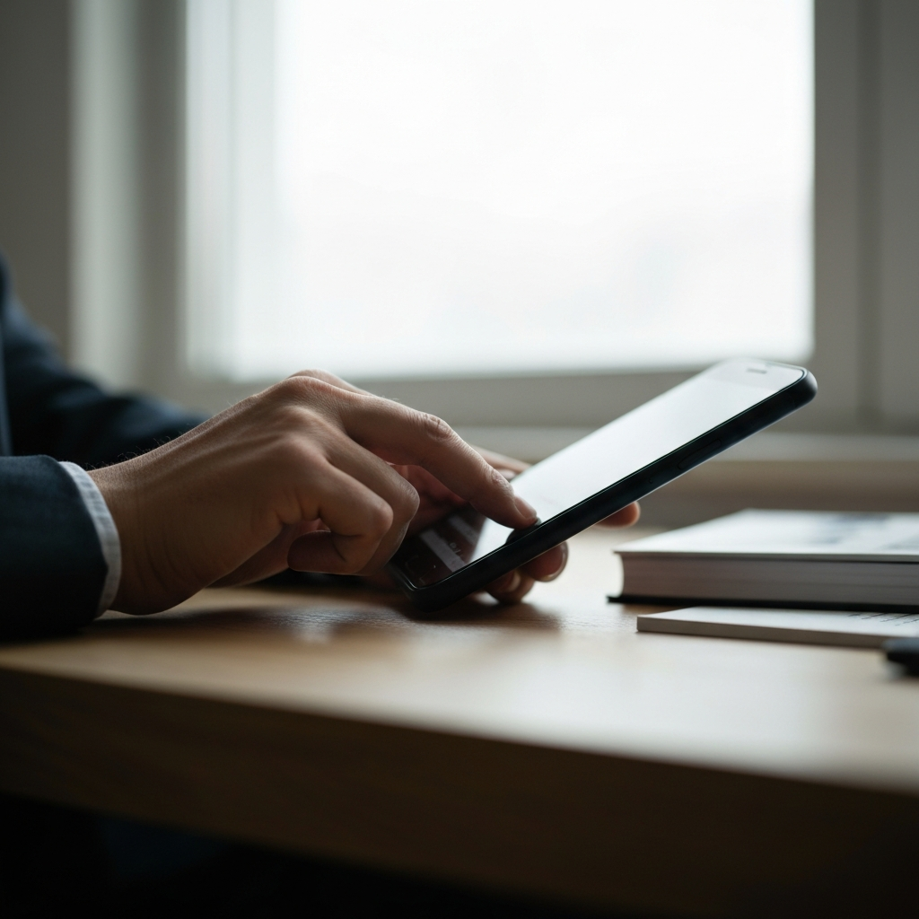A close-up shot of a hand dialing a phone number on a modern smartphone, illuminated by soft, diffused natural light coming from a nearby window.
