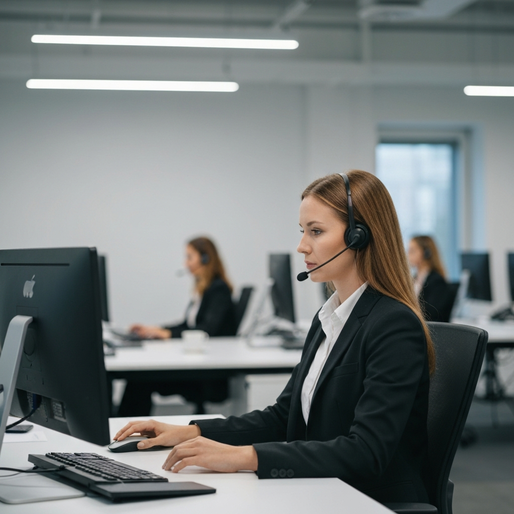 A well-lit office environment; A customer service representative wearing a headset sits at a desk, focused on their computer screen, with a soft-focus background showing other agents working.