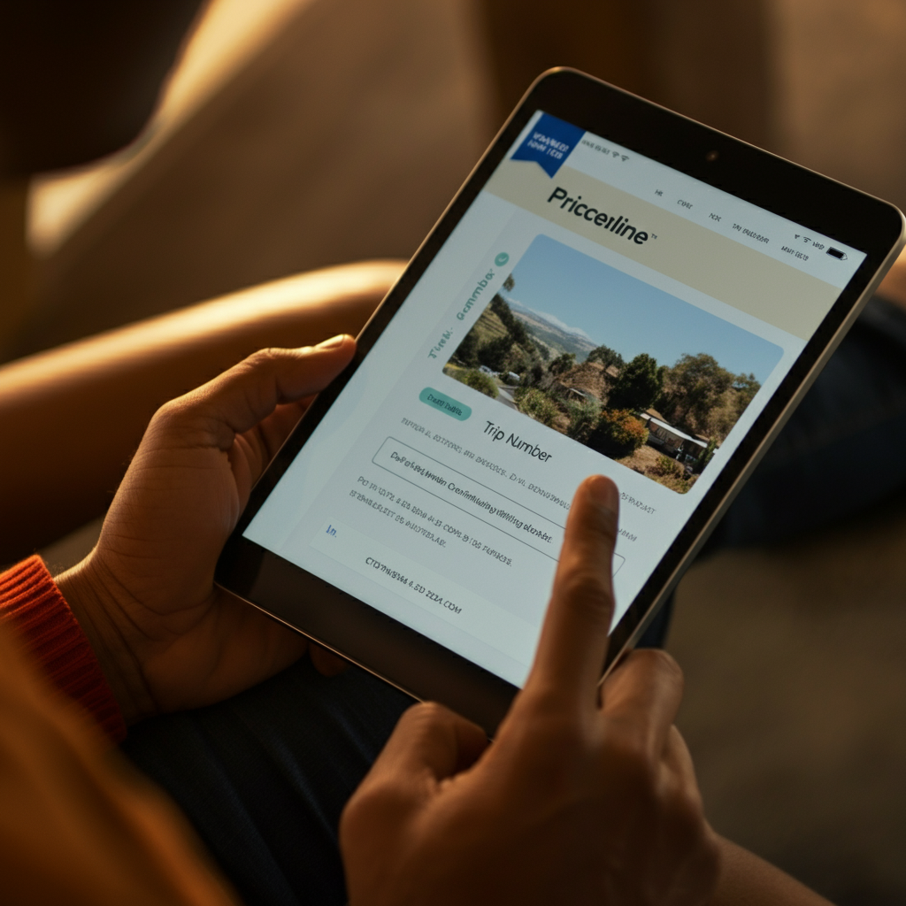 A person holding a tablet displaying a Priceline booking confirmation email, with the Trip Number clearly highlighted. The lighting is warm and inviting, with a shallow depth of field focusing on the tablet screen.