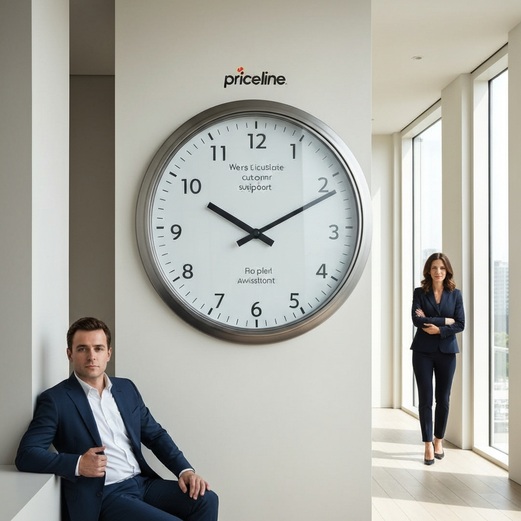A clock showing different time zones across the world, emphasizing the 24/7 availability of Priceline's customer support. The image is well-lit, with a clean and professional aesthetic.