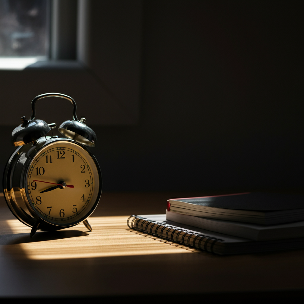 A classic analog clock rests on a table beside a stack of notebooks, all bathed in warm, golden hour lighting from a nearby window. The scene conveys a sense of focused time management.