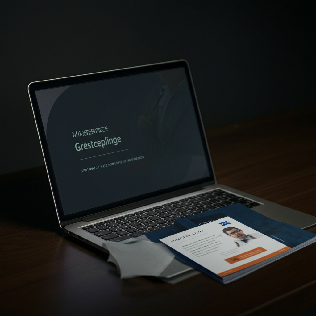 A neatly organized desk with a laptop displaying a presentation slide, a printed handout, and a pen. The lighting is soft and diffused, highlighting the textures of the paper and the laptop screen.