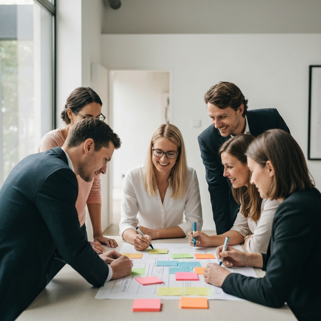 A group of people gathered around a table, working collaboratively on a project with colorful sticky notes and markers. The scene is brightly lit, showcasing the energy and enthusiasm of the participants.