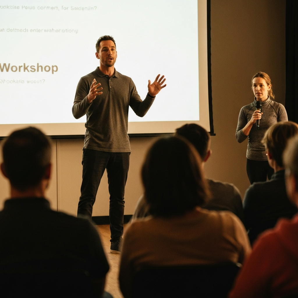 A workshop presenter stands confidently in front of an audience, gesturing while answering a question. The lighting is warm and inviting, creating a comfortable atmosphere for open discussion.