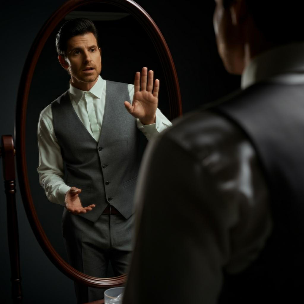 A person stands in front of a mirror, practicing their presentation with a confident expression. The lighting is soft and natural, highlighting the person's gestures and facial expressions.