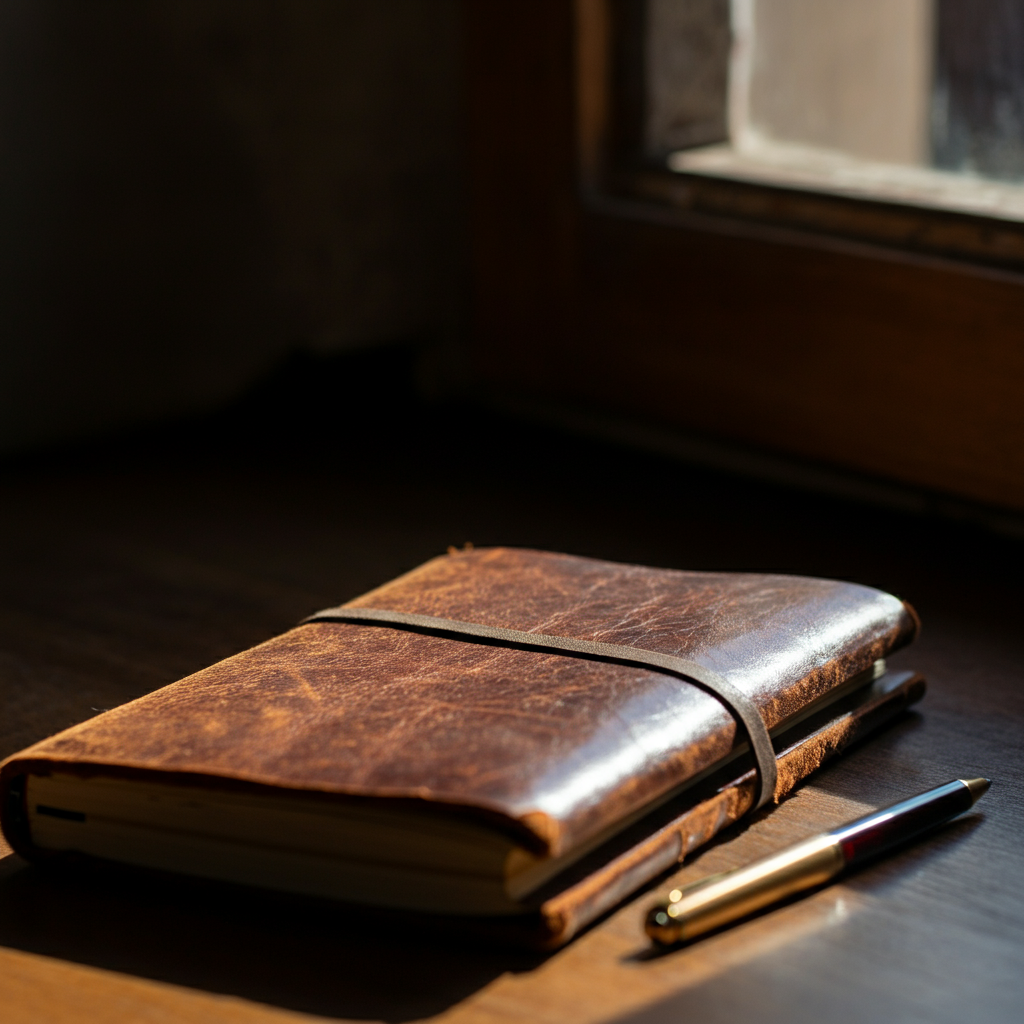A close-up shot of a worn leather journal and a pen resting on a wooden desk. Soft, natural light streams in from a nearby window, highlighting the texture of the paper.
