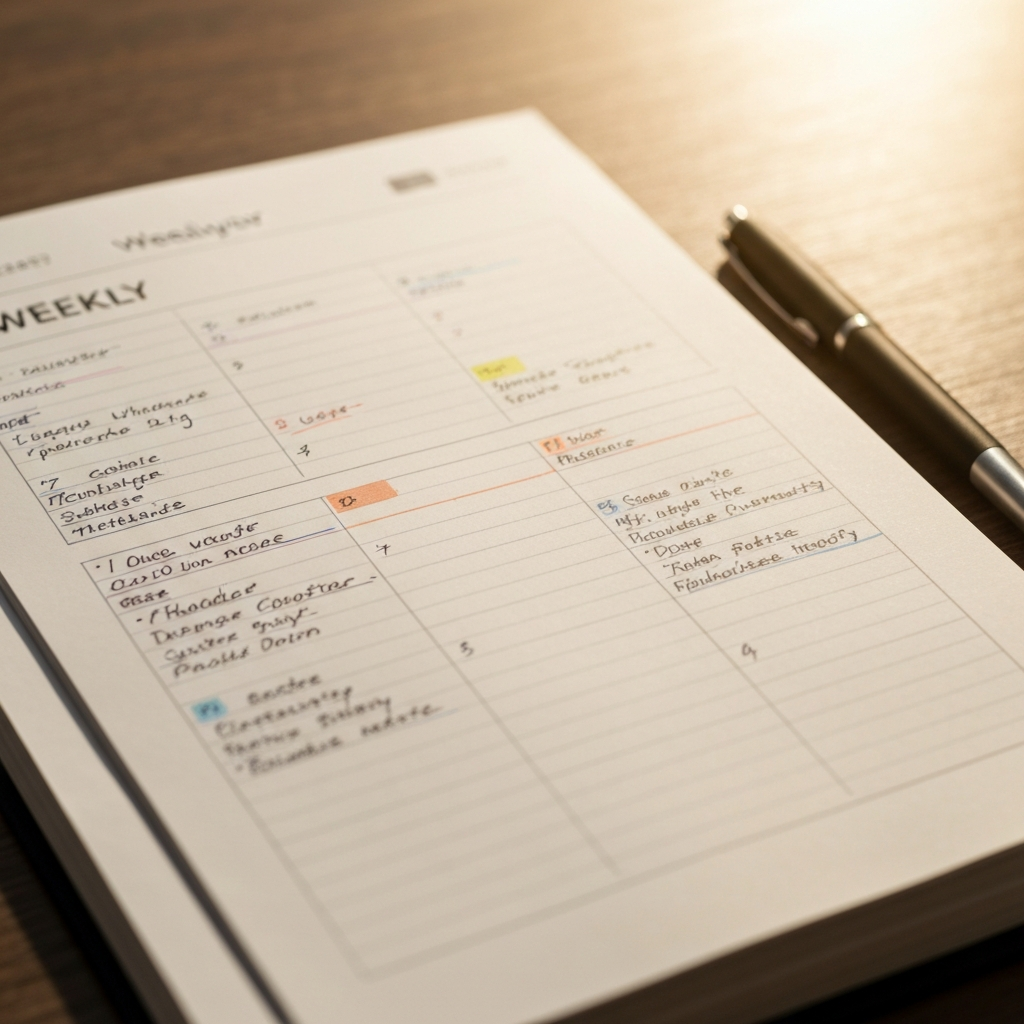 A close-up of a weekly planner, filled with handwritten notes and color-coded tasks. The lighting is bright and cheerful, with a pen resting beside it.