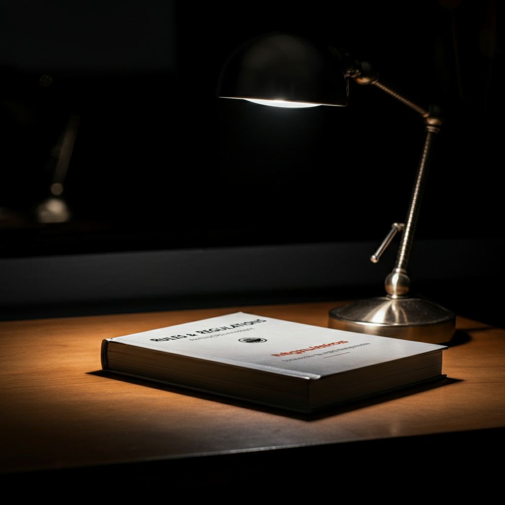 A close-up of a book titled "Rules and Regulations" on a desk, illuminated by a desk lamp.
