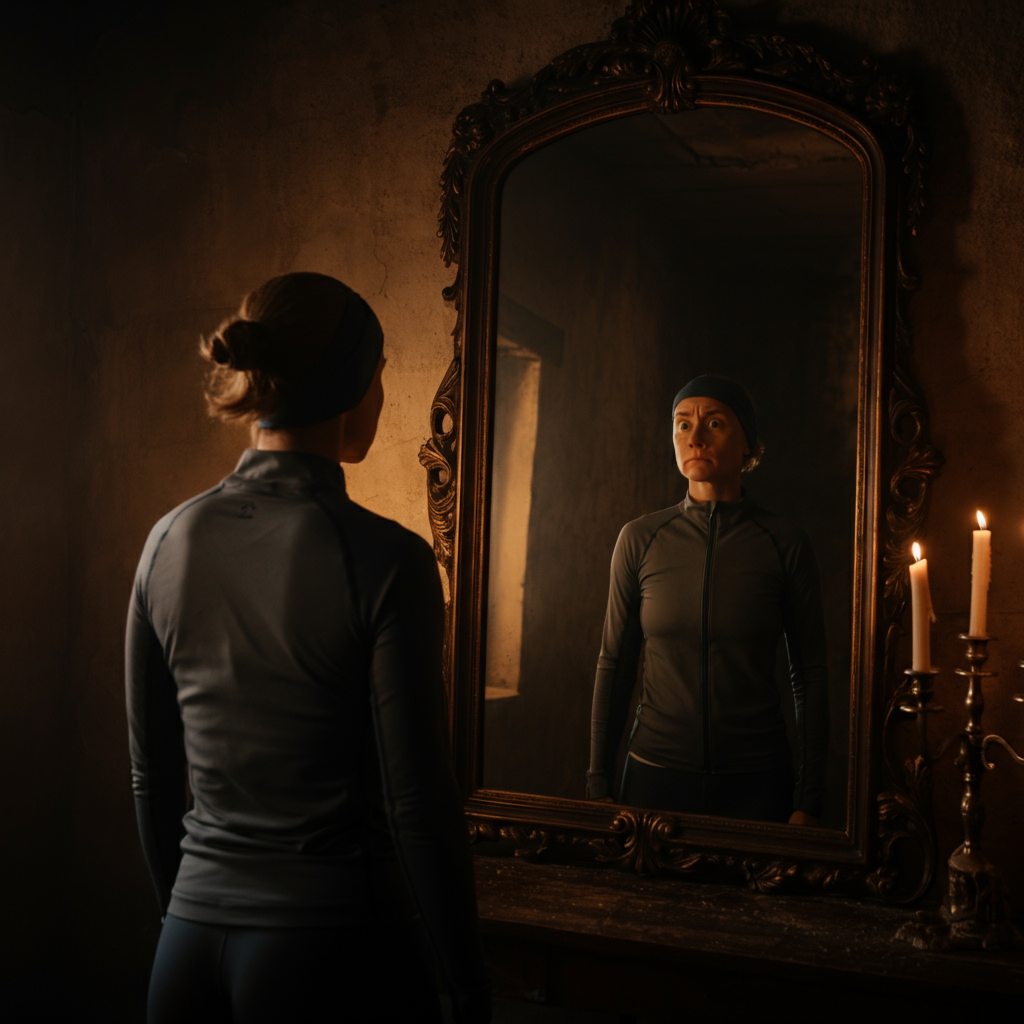 A person standing in a dimly lit room, practicing different facial expressions in front of a large, ornate mirror. The mirror reflects their determined face, illuminated by the soft glow of nearby candles. The room is filled with shadows and textures, creating a sense of mystery.