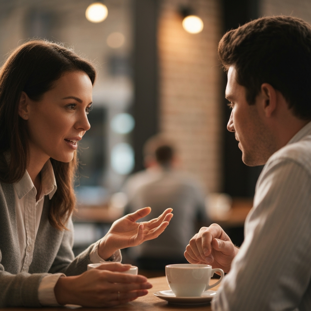 Two people sitting at a coffee shop, engaged in a heartfelt conversation. The lighting is warm and inviting, and the focus is on their genuine connection and shared empathy. Soft bokeh in the background creates a sense of intimacy.
