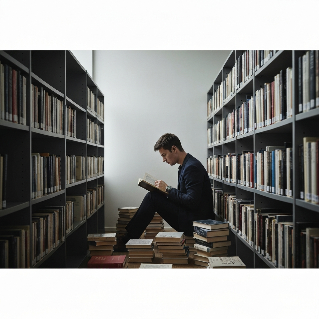 A person sitting alone in a library, surrounded by stacks of books. They are intensely focused on their reading, with a determined expression on their face. The lighting is soft and diffused, creating a sense of intellectual curiosity.