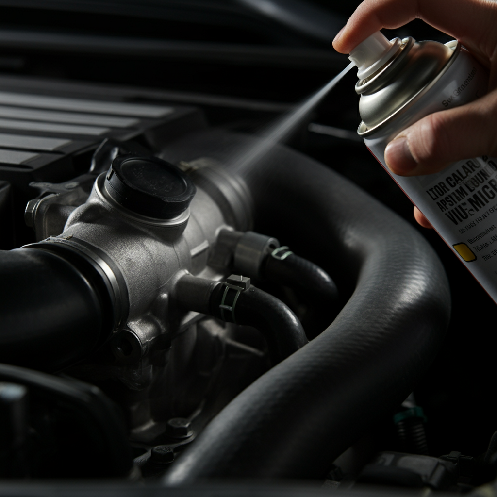 A close-up of an engine bay, side-lit, showcasing the application of penetrating oil onto the EGR valve bolts with a spray can, focus on the metal texture and oil droplets.