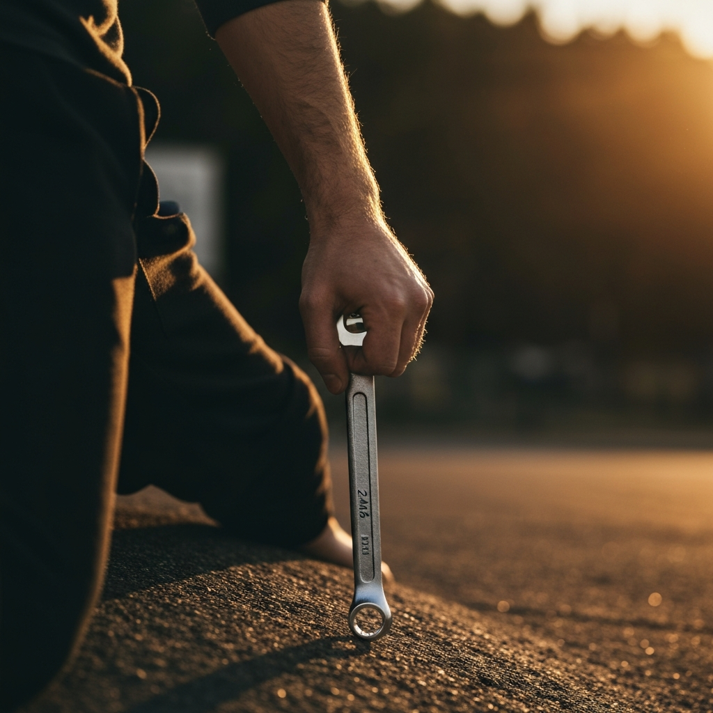 Over-the-shoulder shot of a mechanic using a 24mm wrench to loosen the EGR tube nut, focusing on the hand placement and the leverage applied.