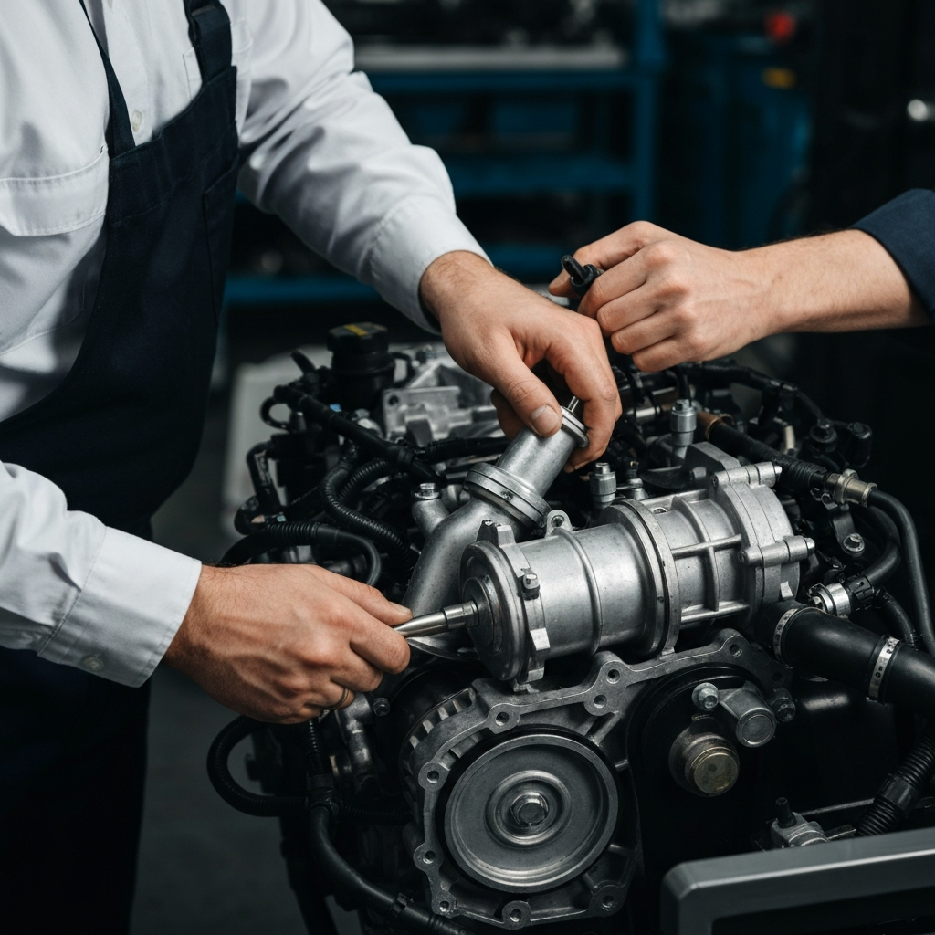 Medium shot of a mechanic carefully removing the EGR valve from the intake manifold, natural lighting, showcasing the exposed engine components.