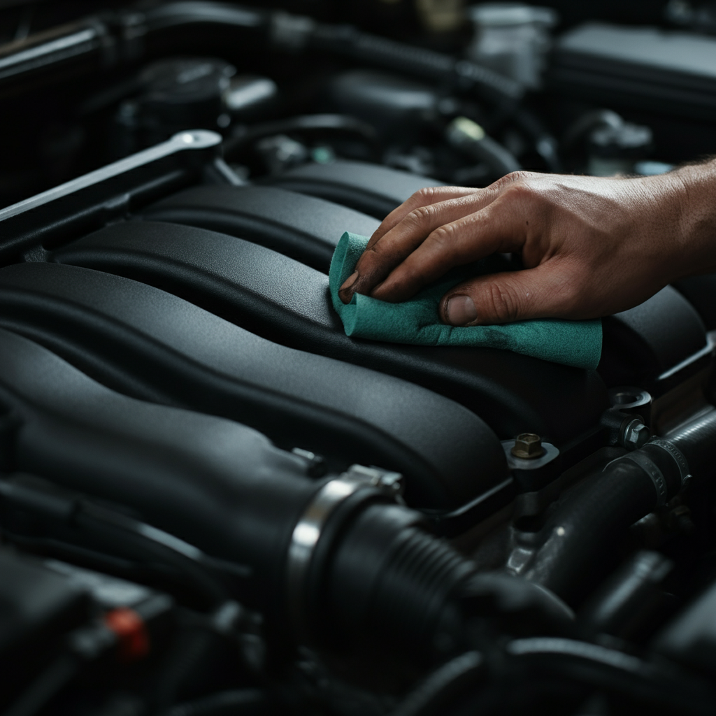 Extreme close-up of a mechanic's hand using a scotch-brite pad to clean the intake manifold surface, highlighting the texture of the metal and the removed gasket residue.