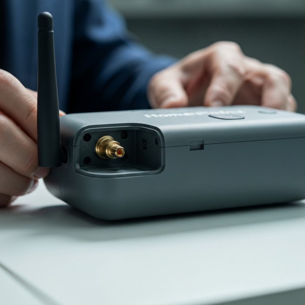 Close-up shot of a HomePatrol scanner being unpacked on a clean workbench. Soft, diffused light illuminates the scanner and its various components. The focus is on the textures of the plastic casing, antenna connector, and battery door. The background is subtly blurred, creating a sense of depth.