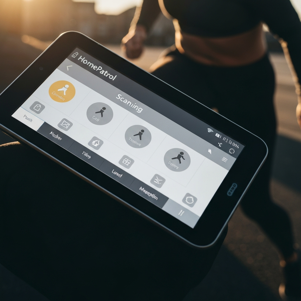 A close-up of the HomePatrol screen displaying the main scanning interface. The focus is on the touchscreen and the various icons and options. The lighting is soft and even, ensuring readability of the screen elements.