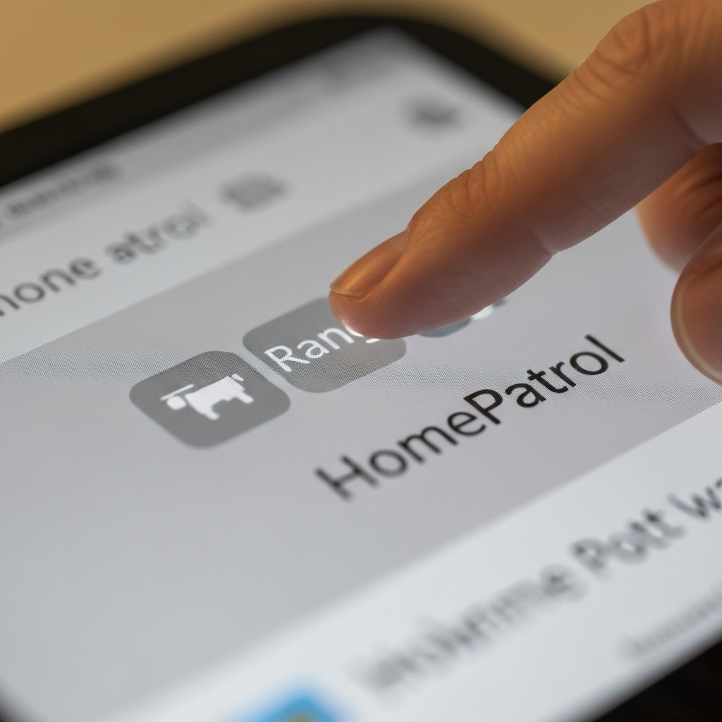 A person's finger gently tapping on the "Range" icon on the top of the HomePatrol screen. The focus is sharp on the fingertip and the icon. The rest of the screen is slightly blurred. The lighting is warm and natural.