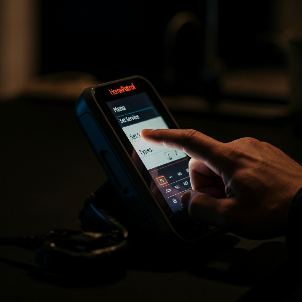 A dimly lit shot of a person's hand selecting "Set Service Types" from the Menu screen on a HomePatrol scanner. The focus is soft, creating a cinematic atmosphere. The scanner screen is the primary light source.
