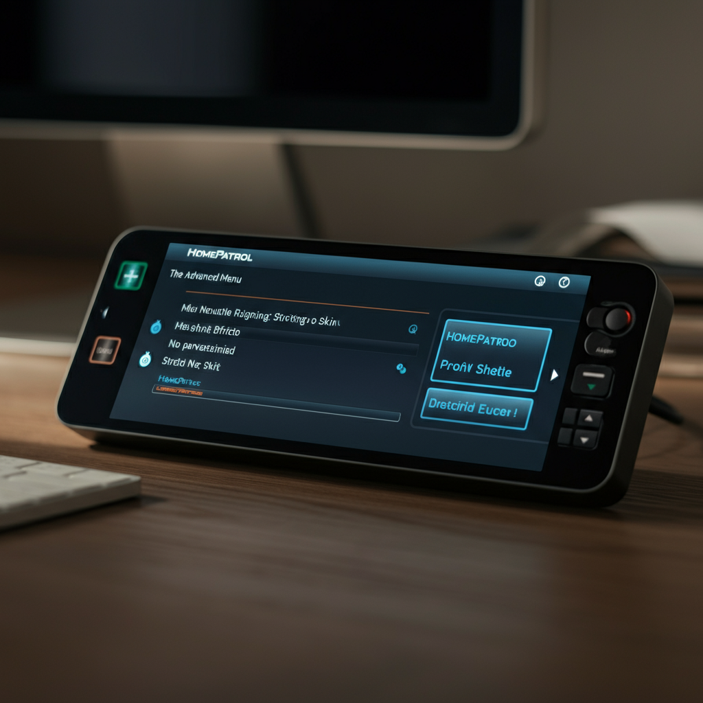 The Advanced Menu screen on a HomePatrol scanner. The focus is on the various options within the menu. The lighting is soft and diffused, creating a sense of depth. The background is a blurred image of a cluttered desk.