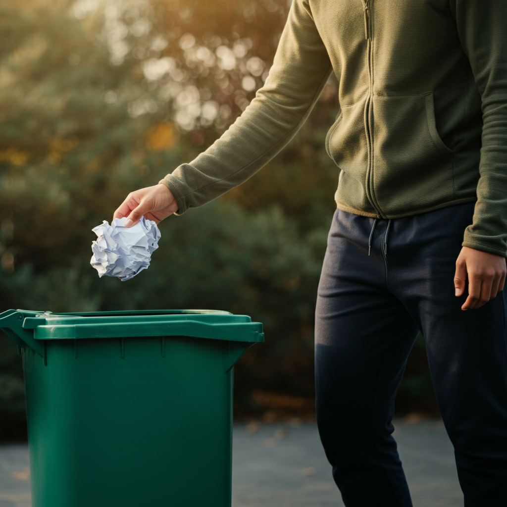High-angle shot of a student dropping a crumpled piece of paper into a brightly colored recycling bin; diffused natural light, shallow depth of field.