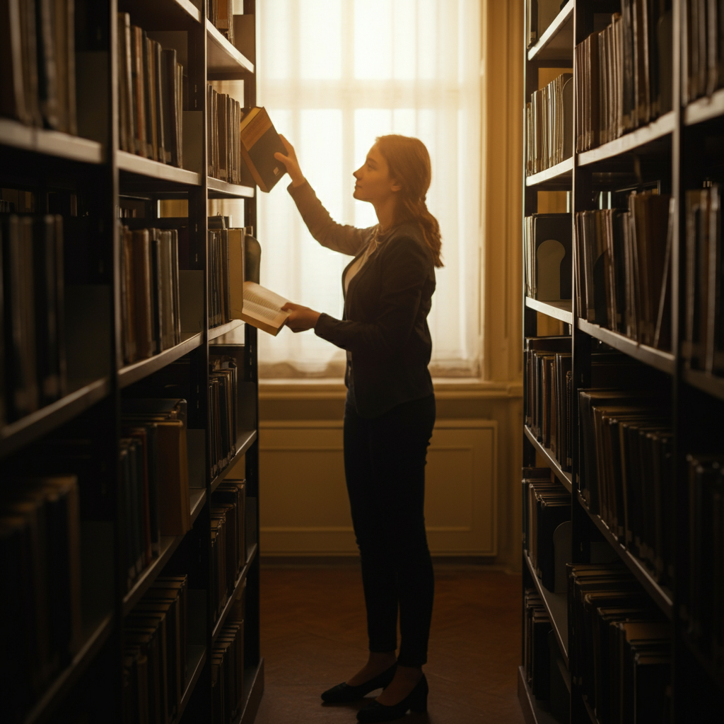 Medium shot of a student returning a book to a library shelf, other books neatly arranged, warm light from a nearby window illuminating the scene.