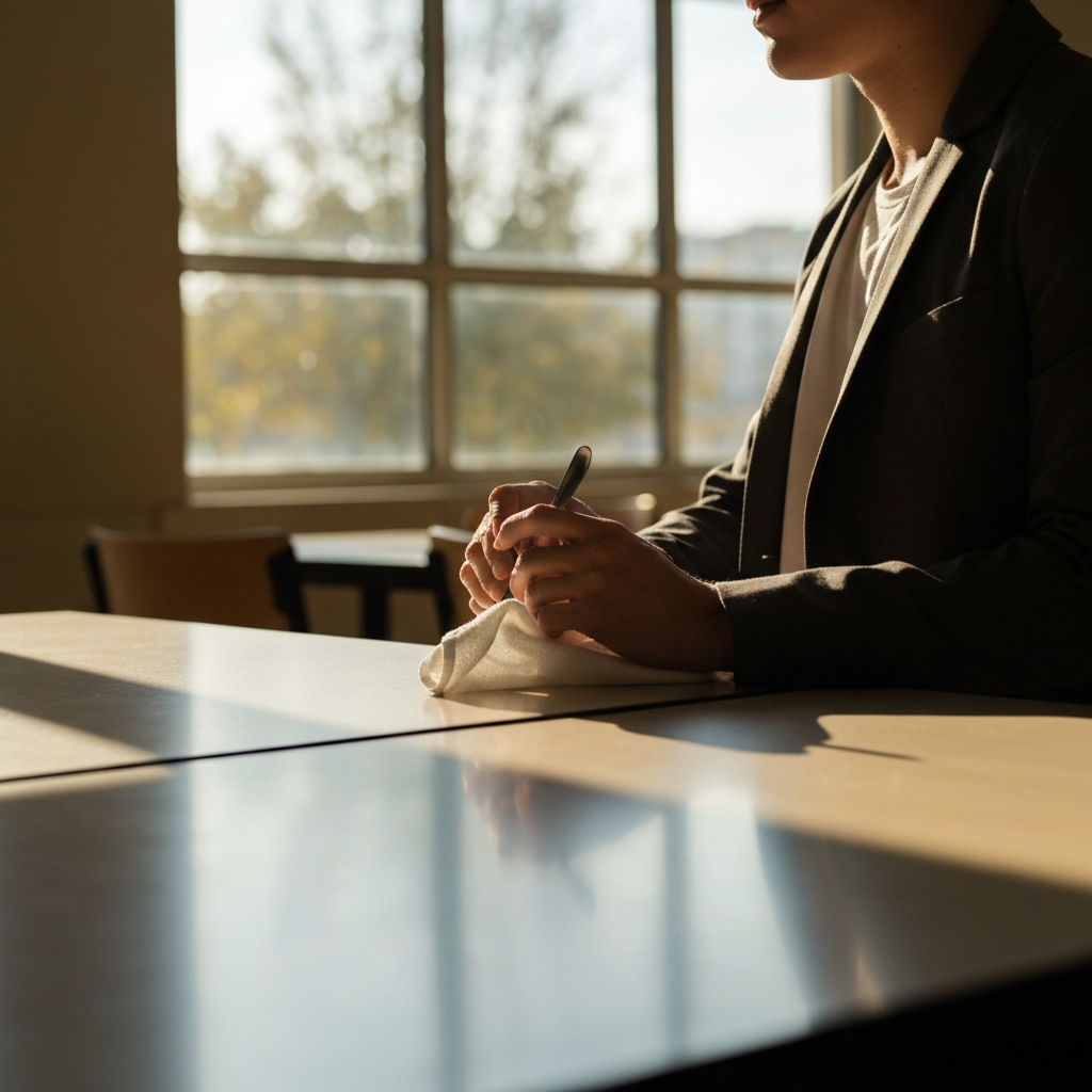 Close-up of a clean, wiped-down cafeteria table with pushed-in chairs; golden hour lighting through a large window, emphasizing the cleanliness of the surface.