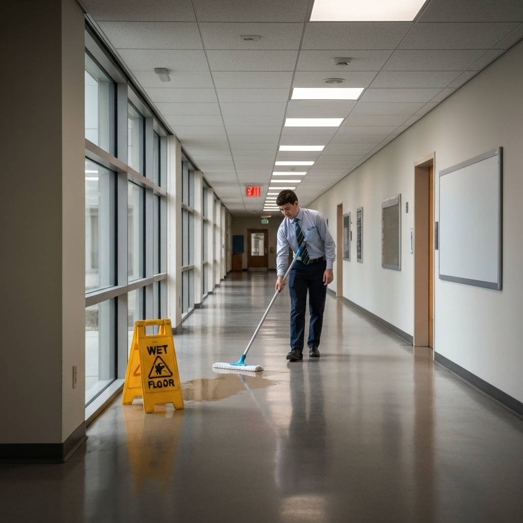 Medium shot of a student mopping up a spill in a hallway, a "Wet Floor" sign nearby; soft lighting highlighting the cleaning process.