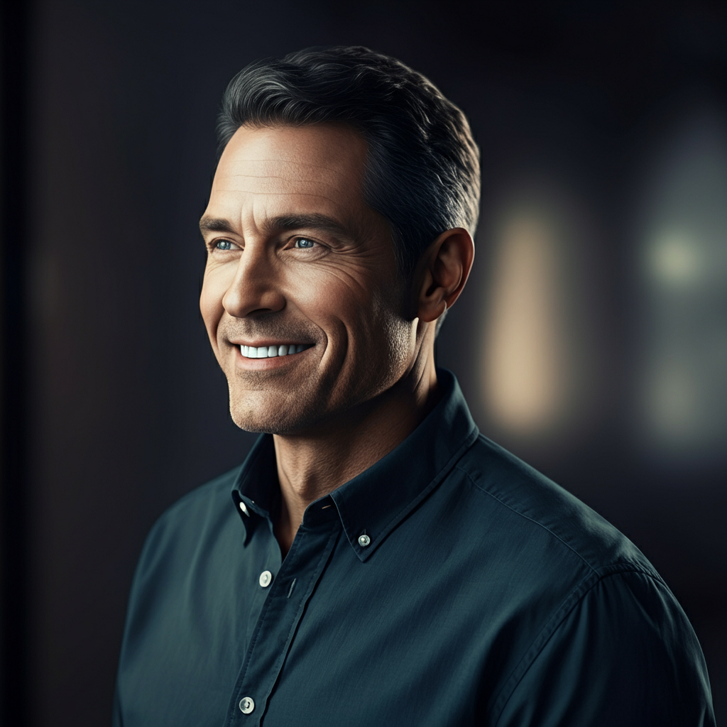 Softly lit portrait of a smiling middle-aged man. He is wearing a casual button-down shirt and has a warm, approachable expression. The background is blurred with a soft bokeh effect.