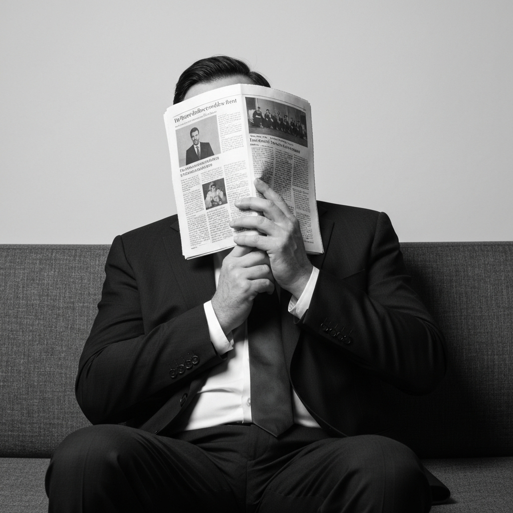 A vintage black-and-white photograph of a man playfully pretending to be asleep on a couch, with a newspaper covering his face. The photo has a slightly grainy texture and a nostalgic feel.