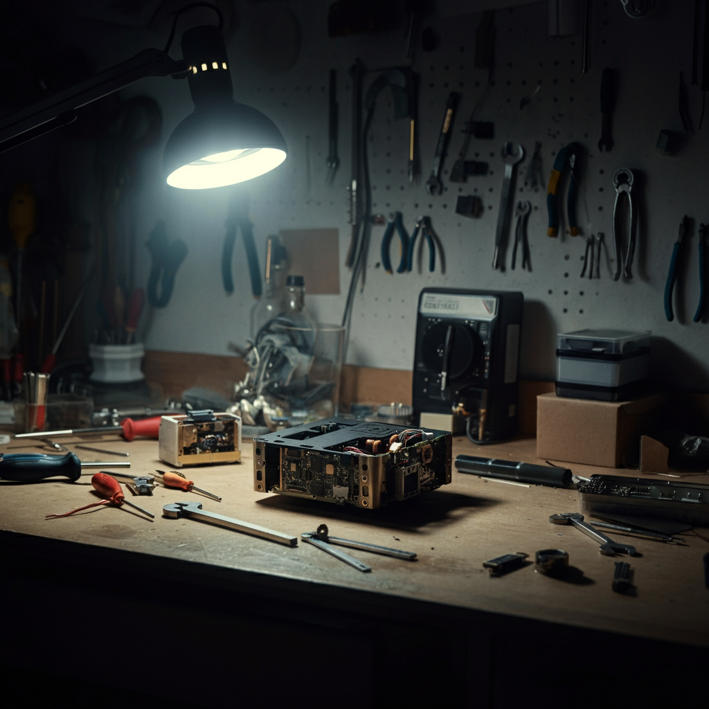 A workbench cluttered with various tools and gadgets, bathed in cool, diffused light. A partially disassembled electronic device lies in the center, showcasing intricate components.