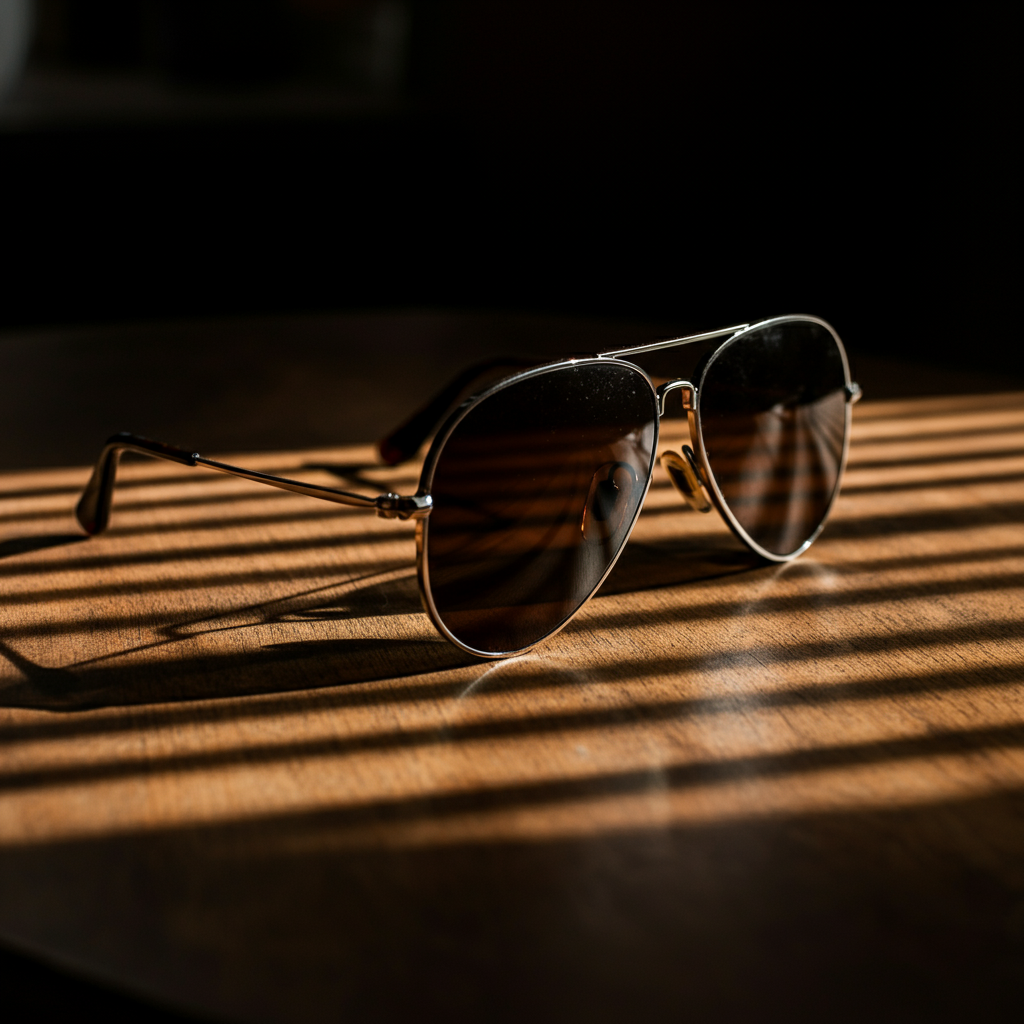A stylish pair of aviator sunglasses resting on a textured wooden table. Sunlight filters through a window, creating a dappled pattern on the surface.