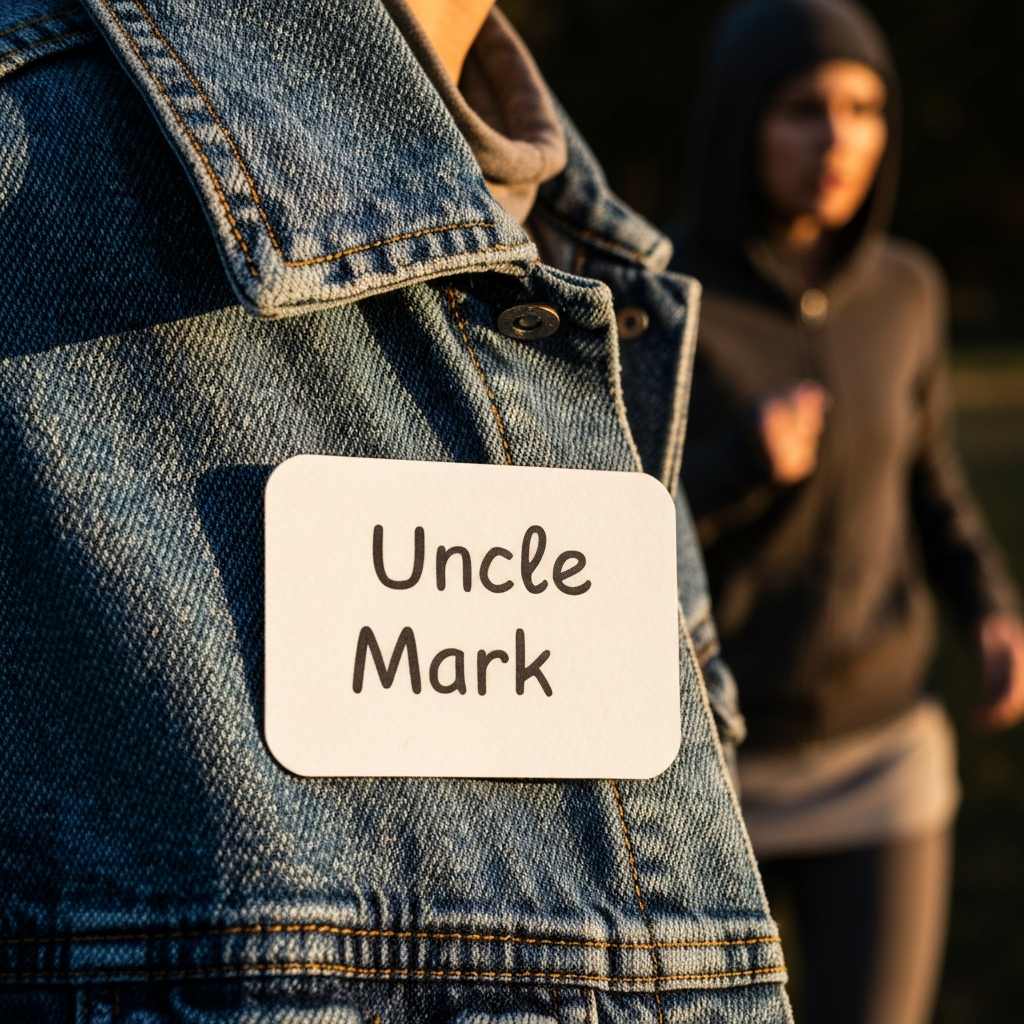 A handwritten name tag that reads "Uncle Mark" in a playful script font. The tag is pinned to a denim jacket, showcasing the texture of the fabric.