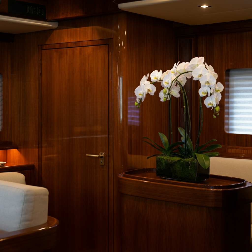 A luxurious yacht interior. Polished wood paneling reflects soft, warm light. A single, elegant vase of white orchids sits on a table. Focus on high-end materials and design.