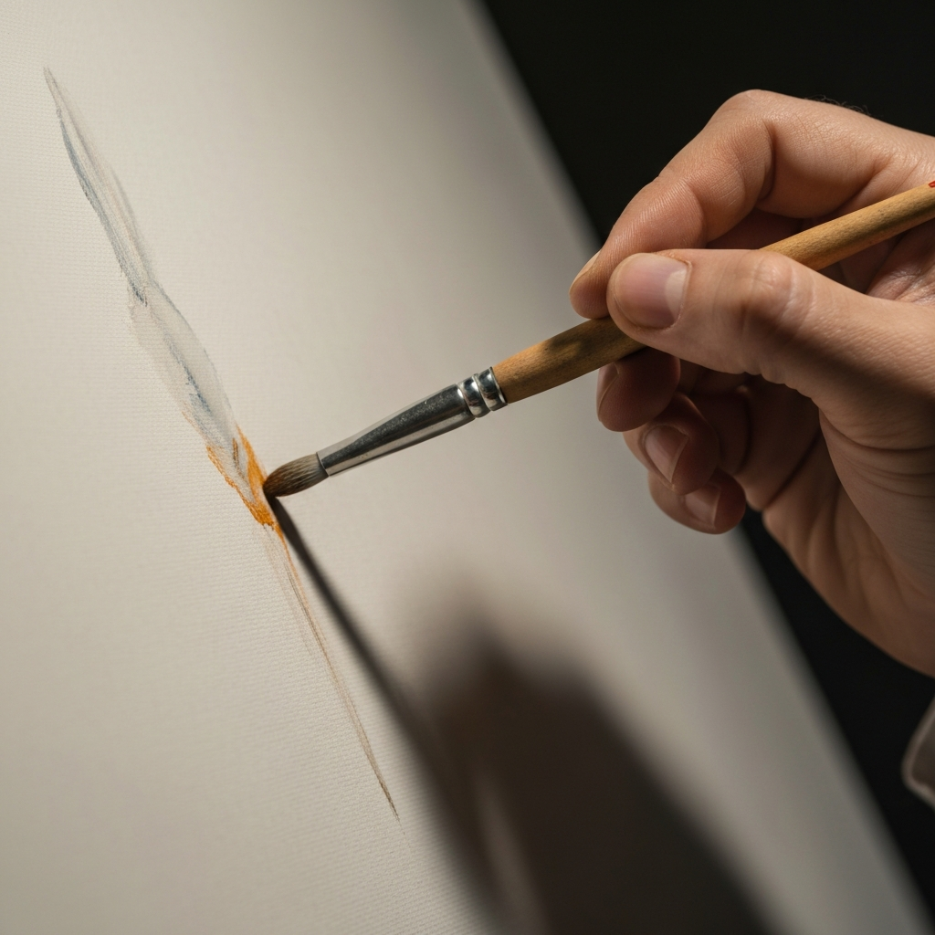 A close-up shot of an artist's hand holding a paintbrush, meticulously adding details to a painting. Soft, natural light illuminates the canvas. Focus on texture and detail.