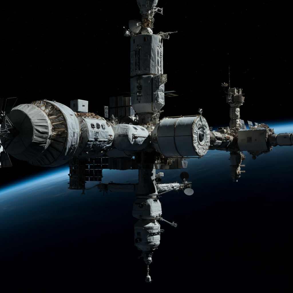 A time-lapse shot of the International Space Station orbiting Earth, with the planet's curvature visible in the background. Stars twinkle in the distance. Focus on the scale and complexity of the structure.
