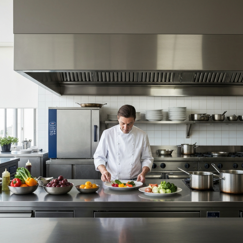 A well-lit restaurant kitchen with stainless steel appliances and gleaming cookware. A chef, wearing a crisp white uniform, is carefully arranging a plate of colorful vegetables. Focus on the texture and vibrant colors of the ingredients.