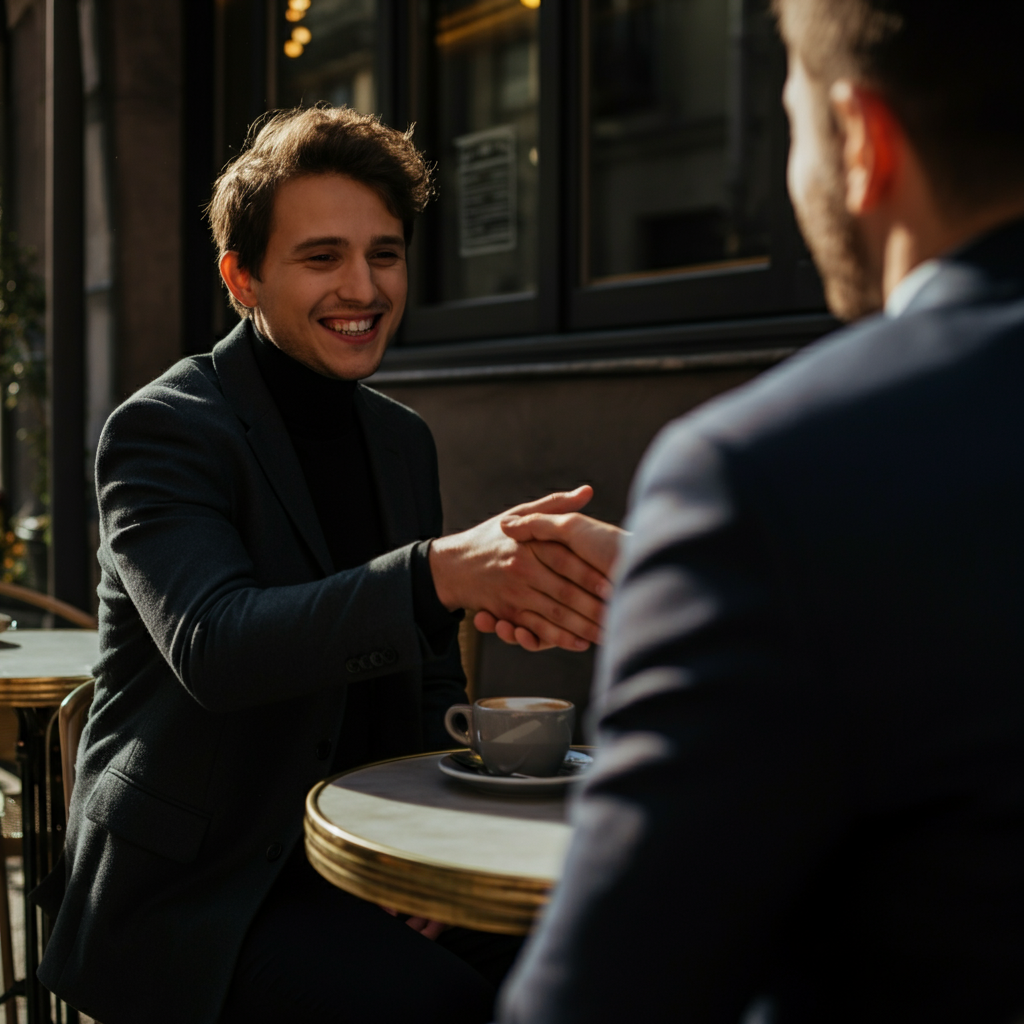 A bright and airy outdoor cafe scene. A person is smiling politely while shaking their head gently in response to something said by another person. Focus on the friendly and respectful body language.