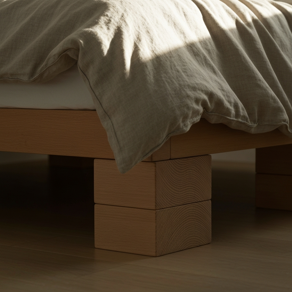 A bedroom setting. A bed is slightly elevated at the head using wooden blocks. Soft, diffused morning light illuminates the textured linen bedding. Focus is on the bed frame and blocks.