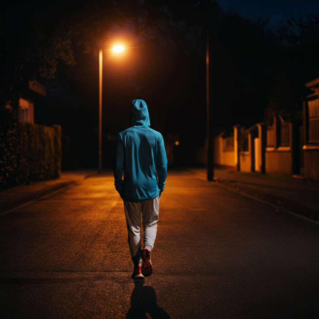 A person taking a leisurely evening walk in a quiet neighborhood. Streetlights cast a warm glow. Focus is on the relaxed posture and environment.