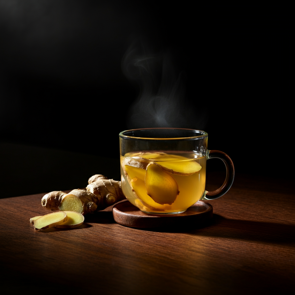 A close-up shot of a steaming mug of ginger tea with sliced ginger on a wooden table. Soft, golden light illuminates the scene. Focus is on the details of the tea and ginger.