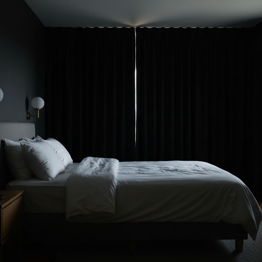 A dark, quiet bedroom with blackout curtains and soft, ambient lighting. A comfortable bed with clean, crisp sheets is visible. Focus is on the inviting atmosphere of the room.