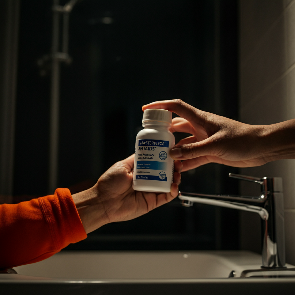 A hand reaching for a bottle of antacids in a dimly lit bathroom. The lighting is soft and highlights the product label. Focus is on the bottle and the hand.