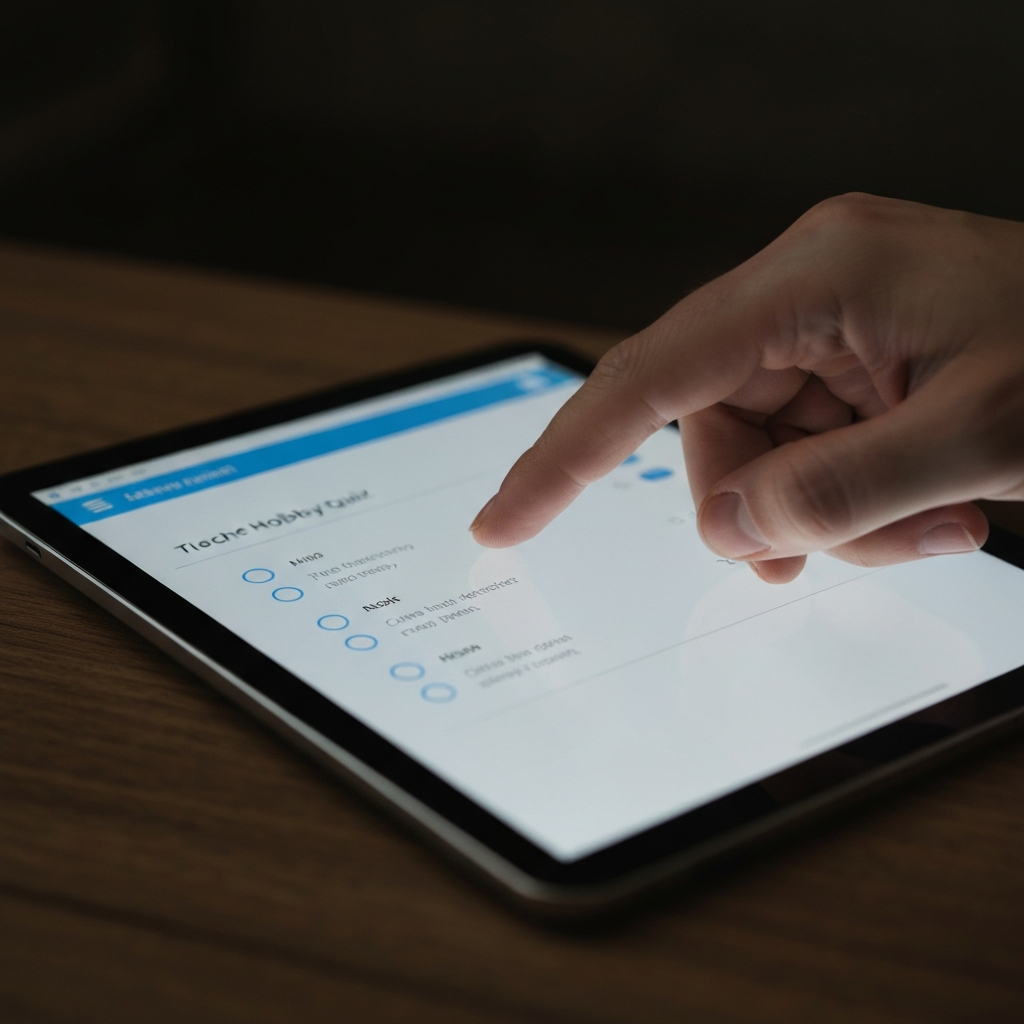 A close-up shot of a hand hovering over a tablet screen displaying a multiple-choice hobby quiz. Soft lighting highlights the texture of the tablet and the hand. Focus is on the question and answer options.