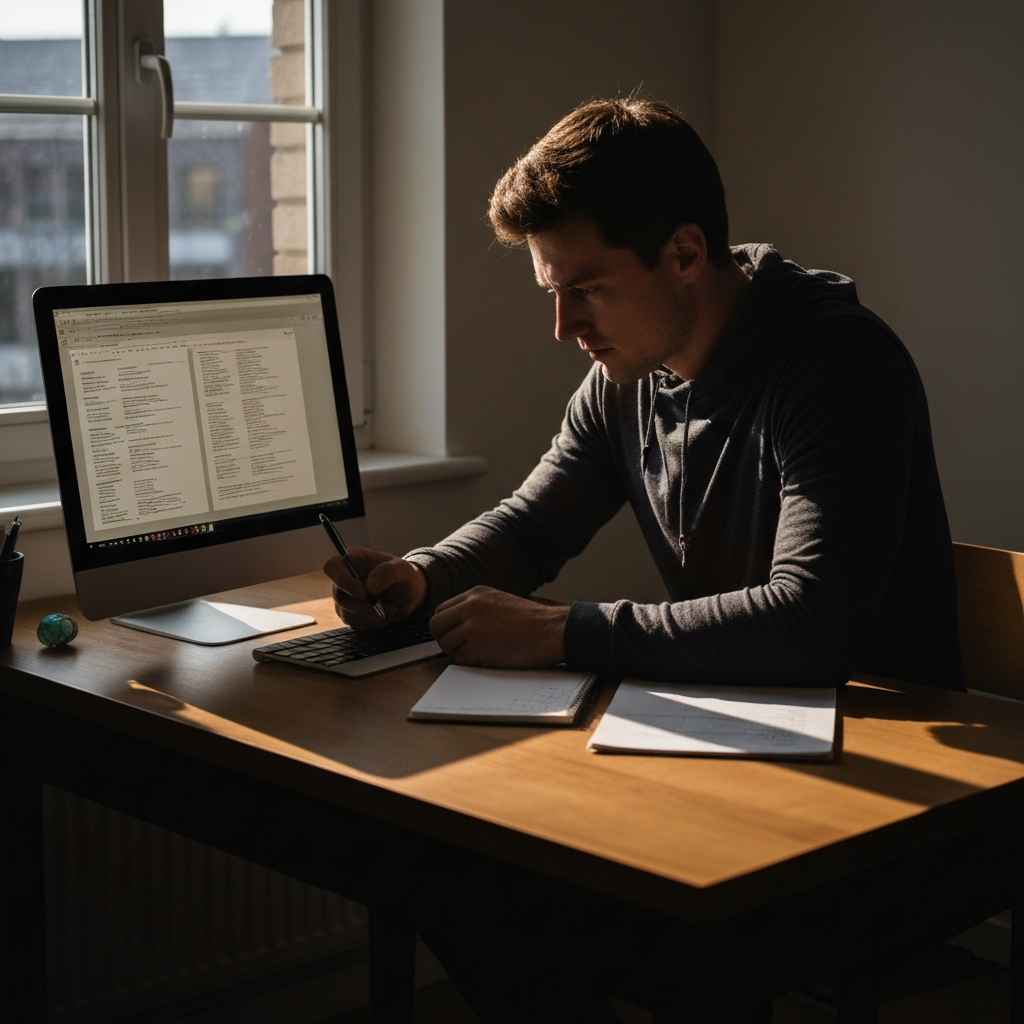 A person sitting at a desk, illuminated by natural light from a nearby window. They are focused on reading each answer option carefully on their computer screen, with a pen and notepad nearby.