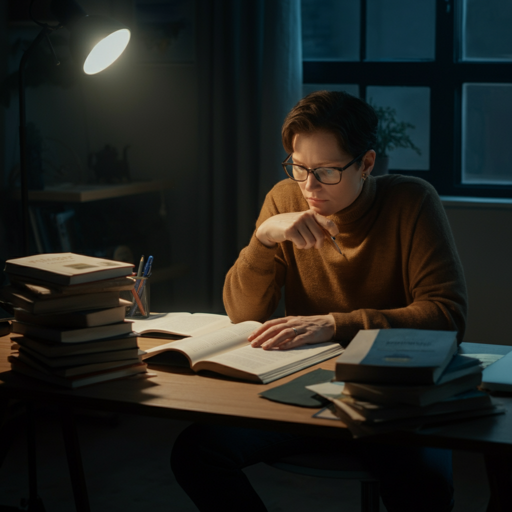 A person sitting at a desk, surrounded by books and a laptop, researching potential hobbies. The room is well-organized and brightly lit, with a focus on the person's engaged expression and the various resources they are using.