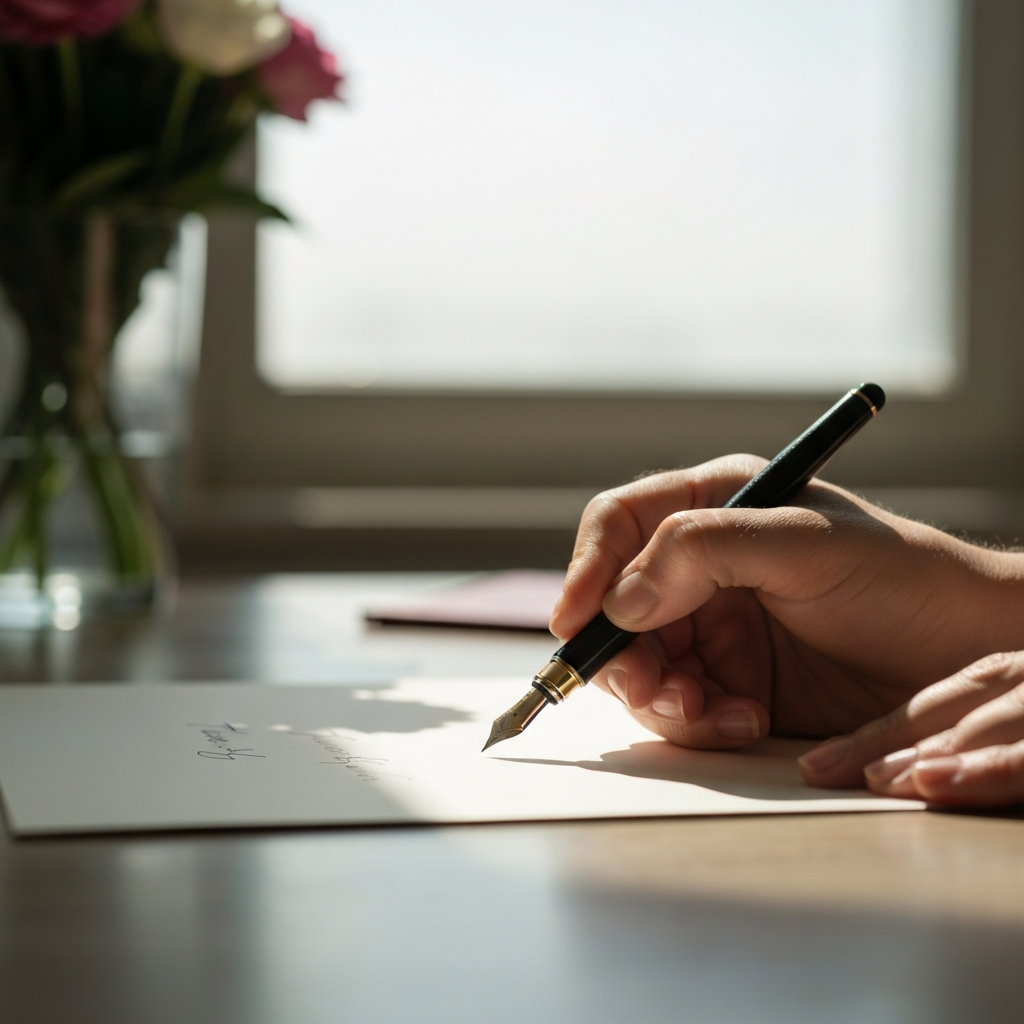 Close-up shot of a hand writing a thank you note with a fountain pen on elegant stationery. Soft, natural light from a nearby window illuminates the paper. The background is slightly blurred, showing a vase of flowers.