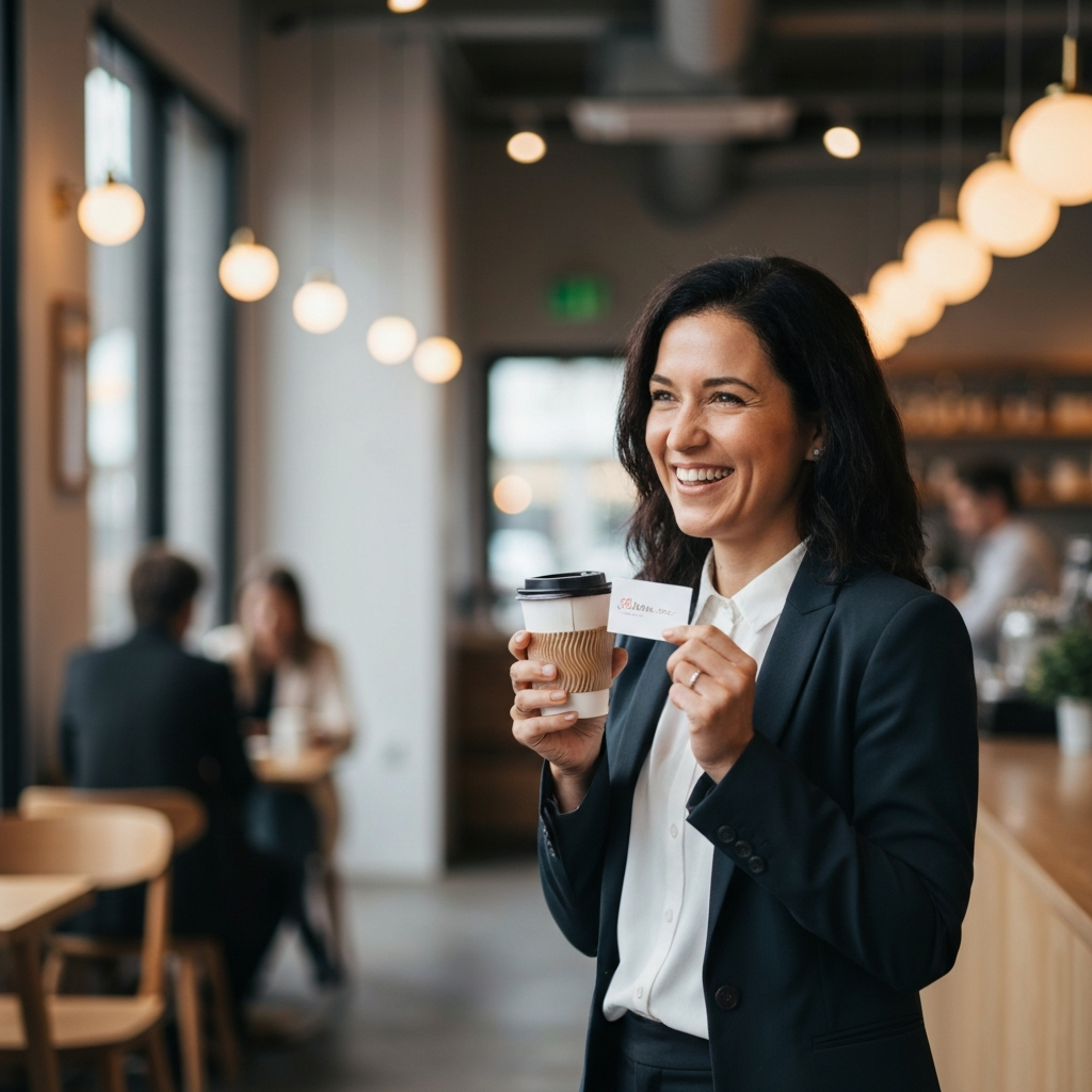 A warmly lit cafe setting. A teacher is smiling, holding a coffee cup in one hand and a gift card in the other. The background shows blurred patrons and the soft glow of ambient lights.